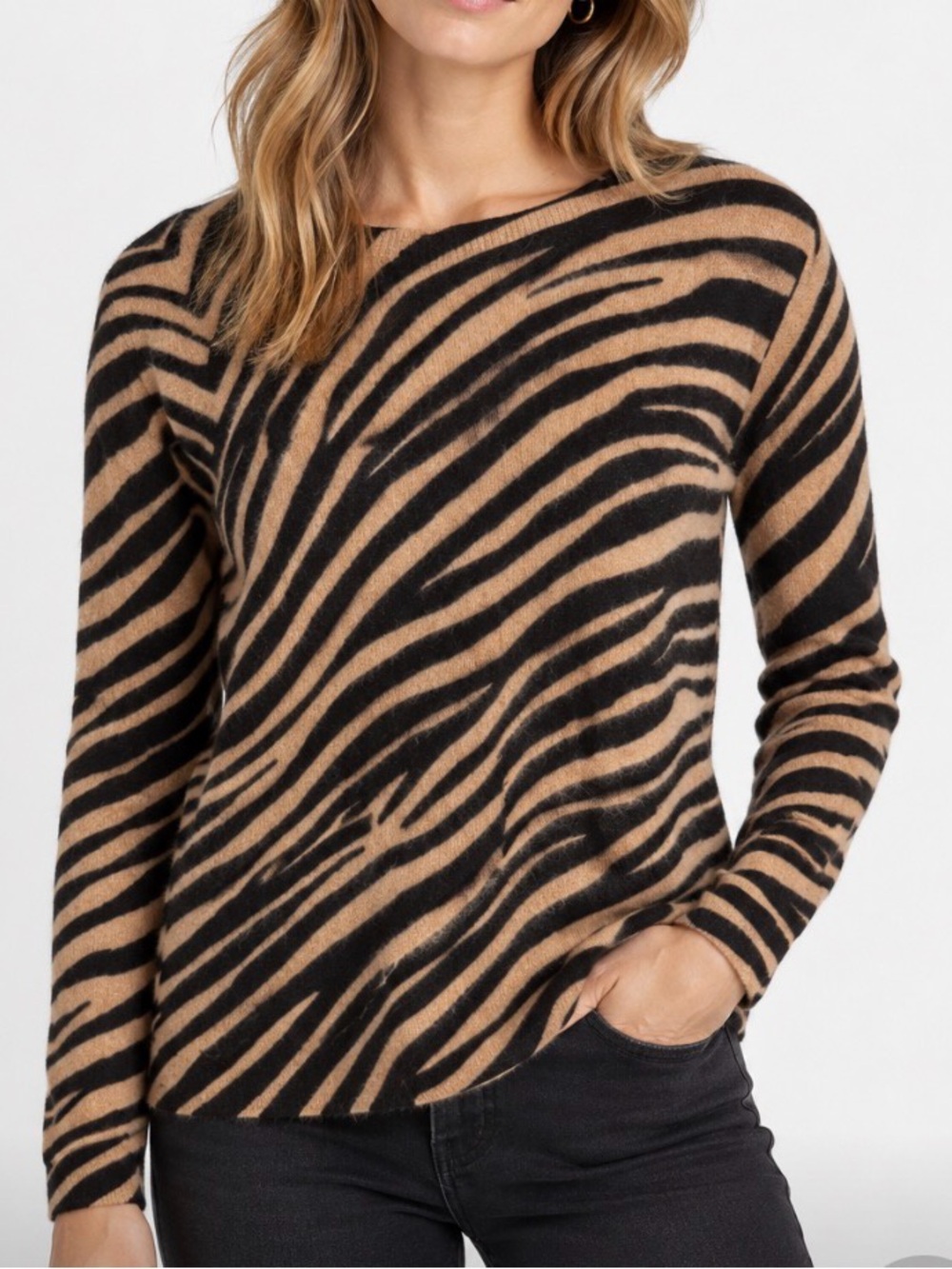 Saks Fifth Avenue 100% Cashmere Zebra Sweater Womens S Brown Black Animal Print